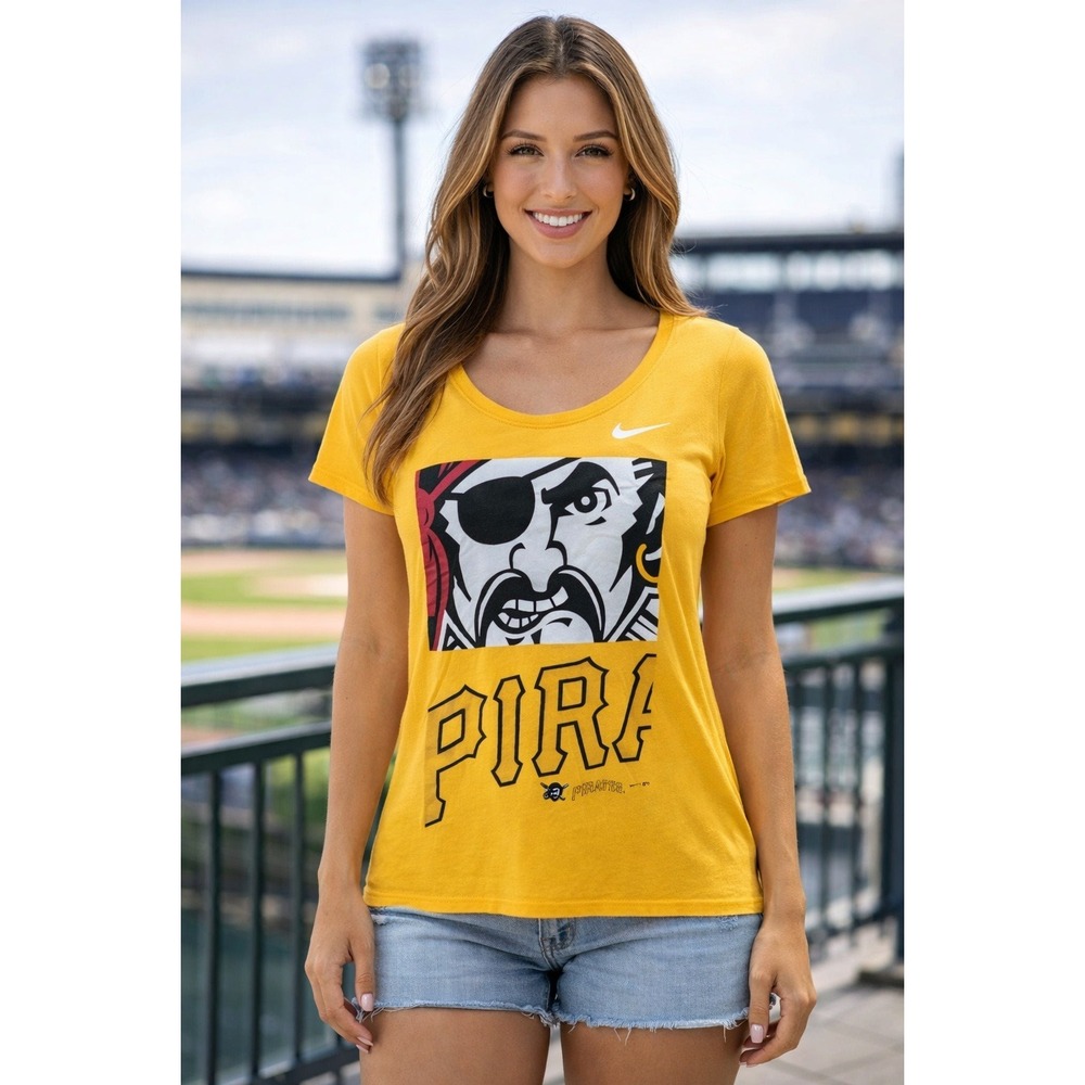 The Nike Tee Pirate T-Shirt Women's Size M Short Sleeve Mustard Athletic Cut Y2K